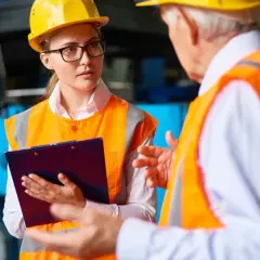 Pracownicy w kamizelkach odblaskowych i kaskach omawiają obowiązki pracownika w zakresie BHP, trzymając teczkę.