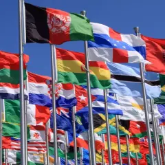 Wiele flag narodowych powiewa na wietrze. Wśród nich flaga biało niebieska z gwiazdami.