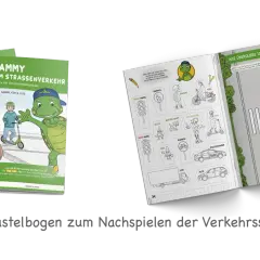 Bücher und Bastelbogen zur Verkehrserziehung im Kindergarten mit Schildern, Ampeln und Fahrzeugen.