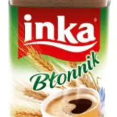 Inka Błonnik – czy kawa zbożowa Inka ma kofeinę? Opakowanie z napisem "Inka Błonnik", kłosami zbóż i filiżanką kawy.