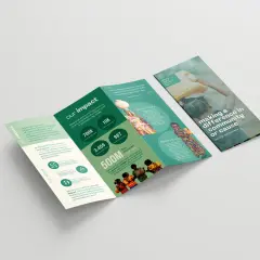 A trifold brochure design showcasing impact statistics, beneficiary stories, and organizational mission.