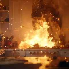Flammen lodern auf dem Herd, eine Küche brennt lichterloh. Fettbrände sind die Brandursache Nummer 1 im Haushalt. Vorsicht ist geboten!