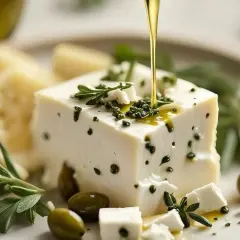 Un blocco di feta lattosio, condito con erbe aromatiche e olio d'oliva, accompagnato da olive verdi e un pezzo di formaggio stagionato.