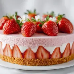 Gâteau rond rose, garni de fraises fraîches et de petites fleurs blanches. La décoration fraisier est exquise, avec des fraises coupées sur le pourtour.