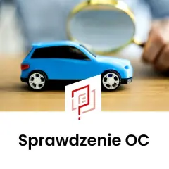 UFG sprawdzenie polisy OC. Mały niebieski samochodzik pod lupą, symbolizuje dokładną analizę ubezpieczenia.