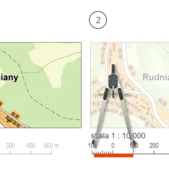 Dwa fragmenty mapy z miejscowości Rudniany, pokazujące skalę i cyrkiel. Pomocne przy planowaniu odległości kolejowych w Polsce.