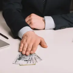Dłoń mężczyzny w garniturze podaje banknoty rubli na białym biurku obok laptopa.