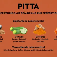 Pitta-Typen können mit Getreide, Gemüse, Gewürzen wie Kurkuma und Früchten ihre Balance finden. Vermeide Scharfes, Kaffee, Alkohol.