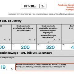 Formularz PIT-38 pokazuje, czy kryptowaluty są opodatkowane. Dochód z wirtualnych walut (1000 zł) po odliczeniu kosztów (200 zł i 320 zł) daje 480 zł, od czego naliczono 91,20 zł podatku.