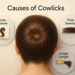 El remolino pelo en la coronilla, junto a la textura rizada, densidad y longitud, explican las causas de las "cowlicks".