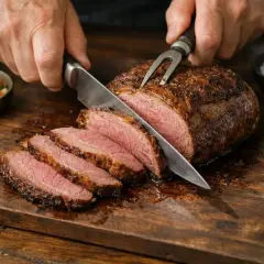 Délicieuse picanha recette, tranchée sur une planche en bois, accompagnée de salsa, d'épices et de maïs grillé.