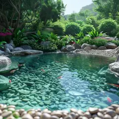 Un étang paisible, bordé de galets et de verdure luxuriante, abrite des poissons rouges nageant parmi les pierres. Un véritable **algue jardin** miniature.