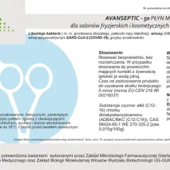 Grafika przedstawia stylizowane nożyczki fryzjerskie na jasnoniebieskim tle, z logo produktu AVANSEPTIC.