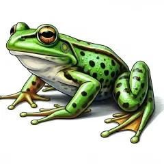 Zielona, nakrapiana żaba, czyli "grenouille" po francusku, siedzi na białym tle.