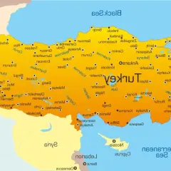 Mapa Turcji z zaznaczonymi miastami, w tym lotniskami.
