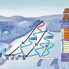 Mapa stacji narciarskiej Siglany w Wiśle z zaznaczonymi wyciągami narciarskimi, trasami i infrastrukturą.