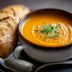 Varm morotssoppa med krutonger och en bit bröd, perfekt för ett enkelt morotssoppa recept.