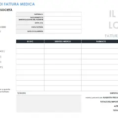 Modello di fattura medica con campi per dati società, paziente, servizi medici, farmaci e costi. Utile come fac simile fattura sostituzione medico di base.
