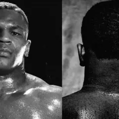 Split image of Mike Tyson. Left shows his face, right his back. Wonder how many squats did Mike Tyson do to build that physique.