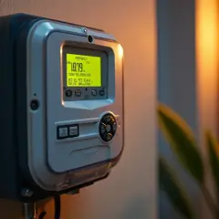 Cyfrowy licznik energii elektrycznej z wyświetlaczem pokazującym stan energii. To urządzenie umożliwia doładowanie licznika przedpłatowego.