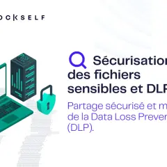 Illustration d'un ordinateur portable et d'un serveur, symbolisant la sécurisation des données. Un cadenas vert et un bouclier indiquent la protection. Le texte mentionne "outil DLP" pour la prévention des pertes de données.