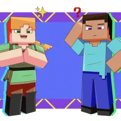 Alex z Minecrafta, z pomarańczowymi włosami i zieloną koszulką, cieszy się, podczas gdy Steve z niebieską koszulką drapie się po głowie z pytajnikiem nad nim.