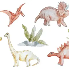 Urocze naklejki na ścianę dinozaury: T-Rex, Triceratops, Diplodok, Pterodaktyl i Stegozaur wśród palm i kaktusów.