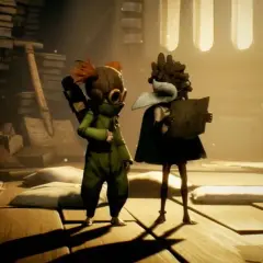 Dwoje dzieci z Little Nightmares 3 w dziwnym pokoju pełnym książek i zwojów. Jedno z nich trzyma mapę.