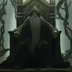 Stary czarodziej z długą brodą siedzi na tronie, otoczony przez pnącza i świece. Inspiracja dla Wizards of the Coast MTG.