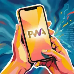 Mains tenant un smartphone affichant "PWA". Une illustration abstraite suggère comment mettre un site en application.