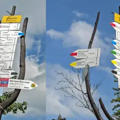 Rozdroże szlaków na Magurce. Wskazówki pokazują drogę do Mikuszowic, Czupel, Straconki, a także Bazy Szturmowej Czupel.