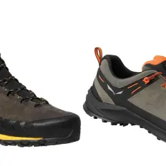 Dwa buty outdoorowe: wysoki brązowy La Sportiva i niski zielony Salewa.