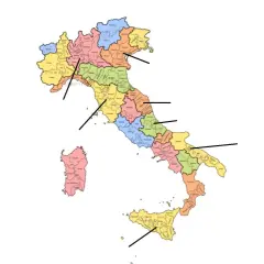 Farbige Karte Italiens mit Regionen, die Weinanbaugebiete Italiens Karte darstellen.