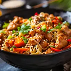 En närbild av en wok med kyckling, nudlar, grönsaker och sesamfrön. Ett perfekt wok recept för en snabb och god middag.