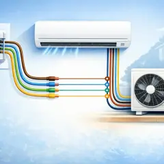 Diagrama de instalación de aire acondicionado, mostrando la unidad interior, exterior y el panel eléctrico. El cambio del compresor aire acondicionado es un paso clave.
