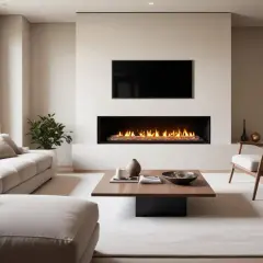 Ett modernt vardagsrum med en elegant inbyggnadskamin som ger värme och atmosfär. En bekväm soffa och en fåtölj inbjuder till avkoppling.