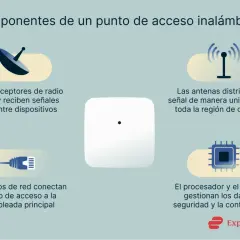 Diagrama de componentes de un punto de acceso (AP) inalámbrico: transceptores, antenas, puertos de red, procesador y firmware.