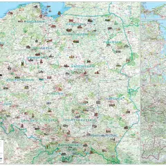 Mapa Polski z zaznaczonymi atrakcjami turystycznymi, w tym zamkami, pałacami i innymi zabytkami. Widać regiony takie jak Pomorskie, Mazowieckie, Małopolskie.