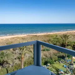 Vista desde balcón de hotel, mar azul, playa con gente y vegetación. Opiniones de hotel Playas de Guardamar positivas.