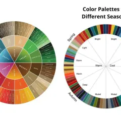 Two color wheels: one categorizing flavors, the other showing seasonal color palettes.
