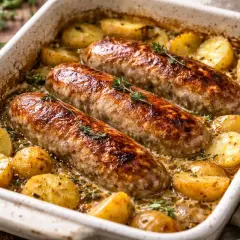 Trois saucissons à cuire dorés, accompagnés de pommes de terre au four coupées en rondelles, le tout dans un plat en céramique.