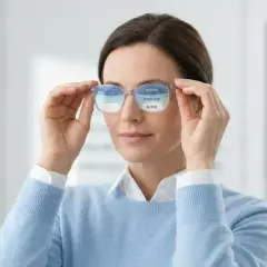 Kobieta z okularami progresywnymi, na których widać napisy: "DALSKIE", "POŚREDNIE", "BLISKIE". Może to symbolizować objawy źle dobrane okulary progresywne.