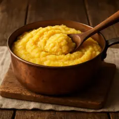 Cazuela de cobre con polenta a la plancha, lista para servir. Una cuchara de madera reposa sobre la cremosa polenta dorada.