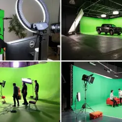 Various setups showcase professional lighting for green screen studios, from a streamer with a ring light to a car shoot and interview scenes.