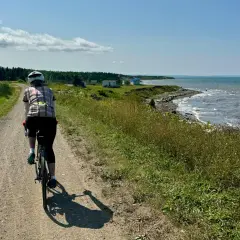 Rowerzystka na leśnych trasach rowerowych, podziwiająca widok na morze i domki na wybrzeżu.
