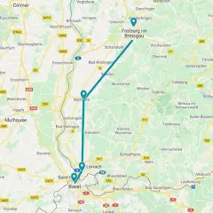 Trasa z Bazylei do Fryburga przez Miluzę, z zaznaczonymi miastami i drogami.