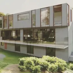 Modern architect's home in the ravine, featuring glass walls and cantilevered levels, nestled amongst lush greenery.