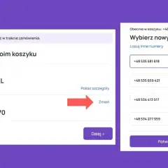Wybieranie nowego numeru telefonu w Play. Widoczny jest obecny numer i opcje wyboru nowego numeru na kartę.