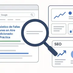 Lupa sobre un resultado de búsqueda de Google para "Diagnóstico de Fallas Comunes en Aire Acondicionado: Guía Práctica", junto a gráficos de SEO.