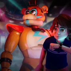 Gregory i Freddy z FNAF 9 w centrum rozrywki, z ochroniarzem w tle.